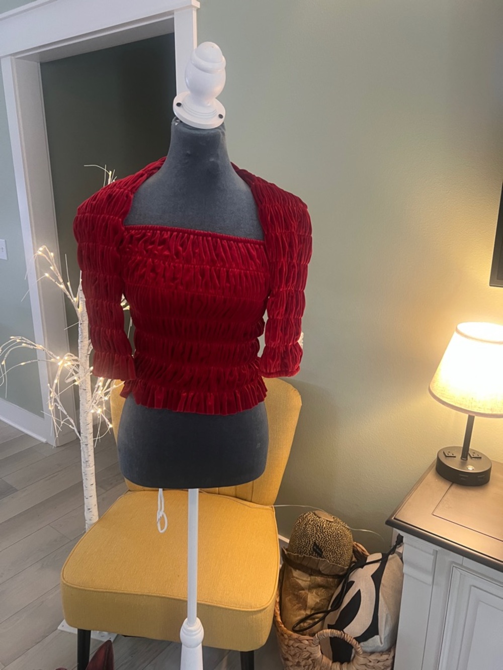 Norma Kamali Red Ruched Square-Neck Tube Top with separate sleeves - Picture 2 of 10